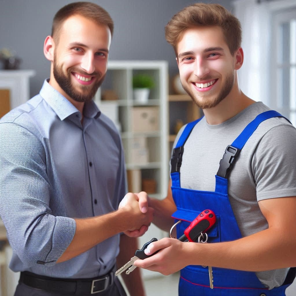 Un serrurier professionnel souriant en uniforme remettant des clés à un client satisfait après une intervention réussie dans un cadre résidentiel