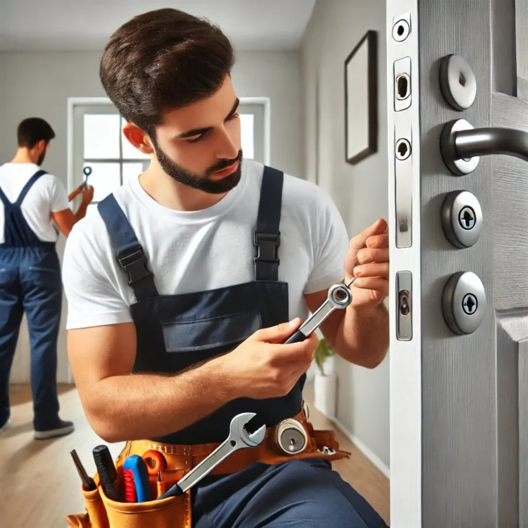 Un serrurier professionnel en uniforme travaillant sur une serrure de porte moderne dans un cadre résidentiel, utilisant des outils spécialisés pour une installation ou une réparation.